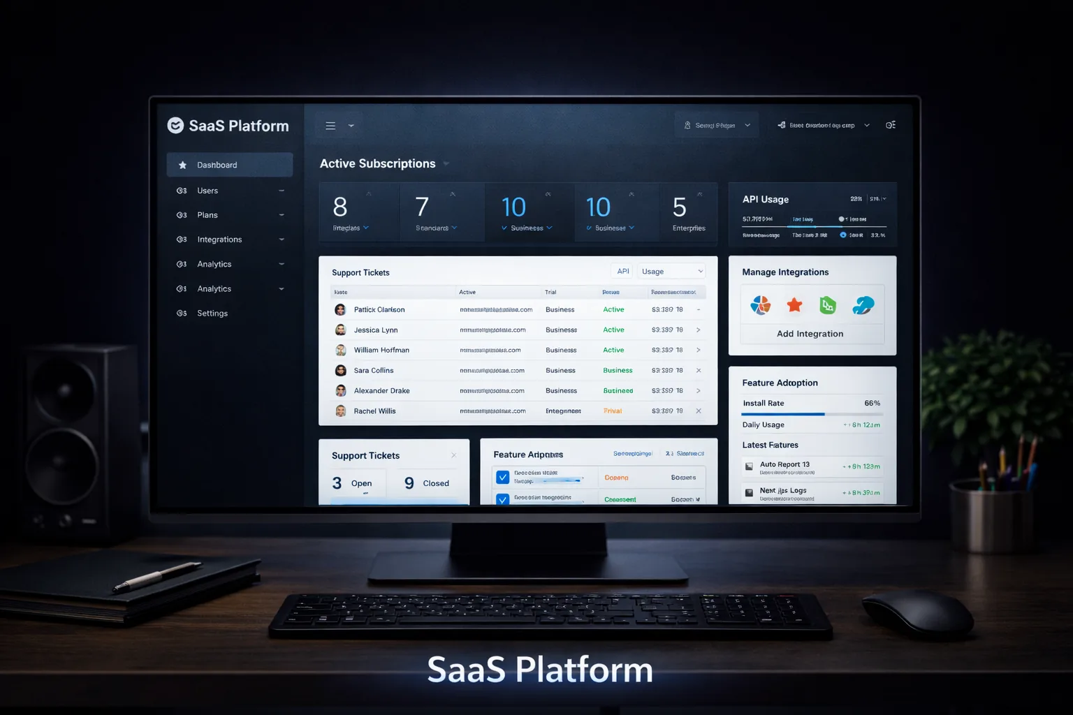 Illustration of a SaaS platform with reporting, subscriptions, and integrations